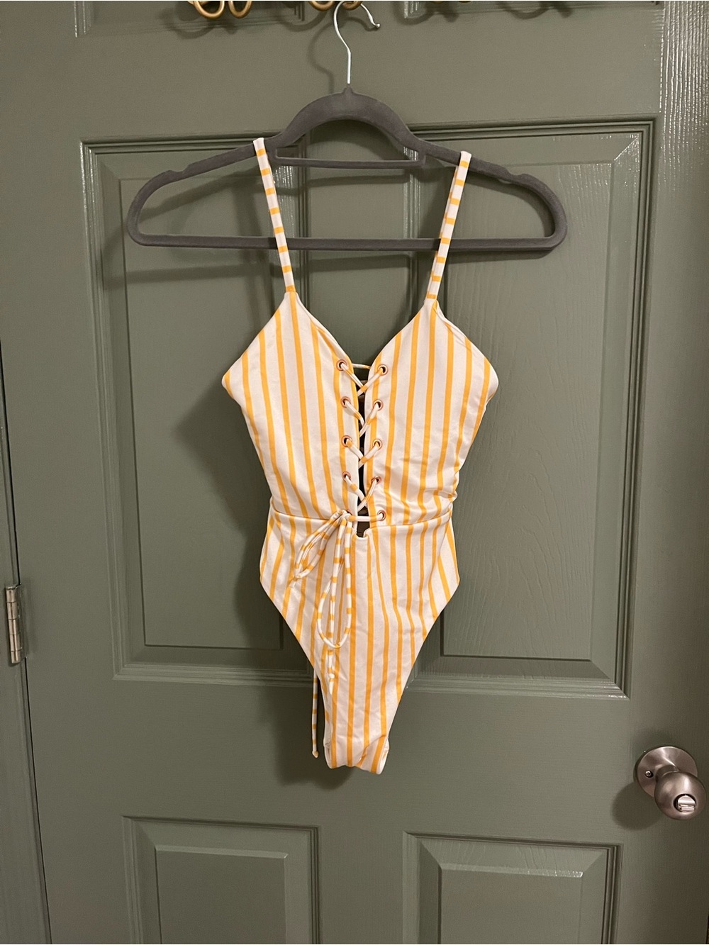 La Hearts Yellow and White Striped Lace-Up Swimsuit